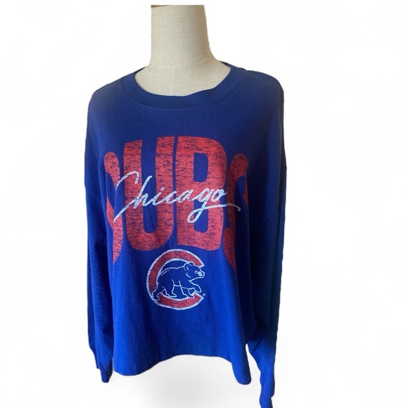 Chicago Cubs Baseball Cropped Long Sleeve Tee Shirt 47 Brand Royal Blue Apparel - Picture 7 of 10